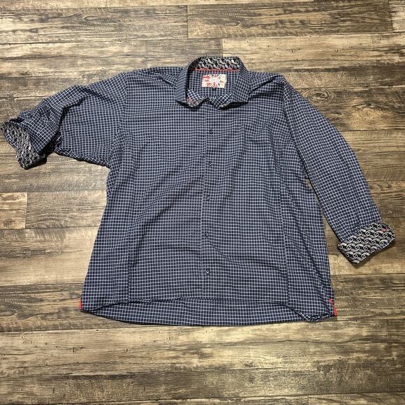7 Downie Men’s Button Down Shirt Contrast Cuff Size 3X Blue Plaid Textured - Picture 1 of 9